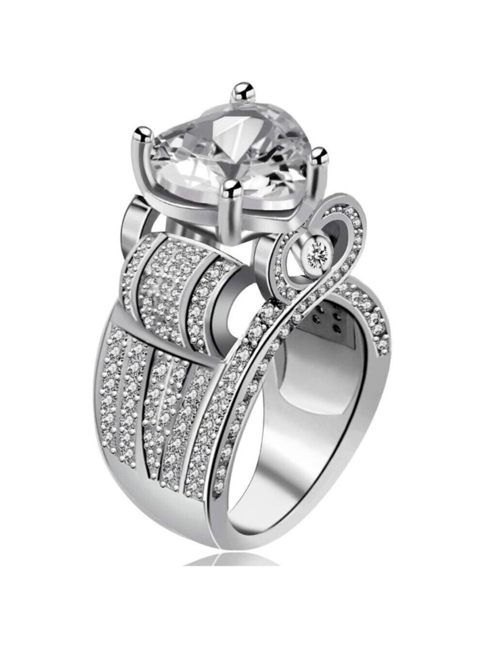 🆕 Women Silver Cubic Zirconia Ring Platinum Big Love Heart Statement Engagement